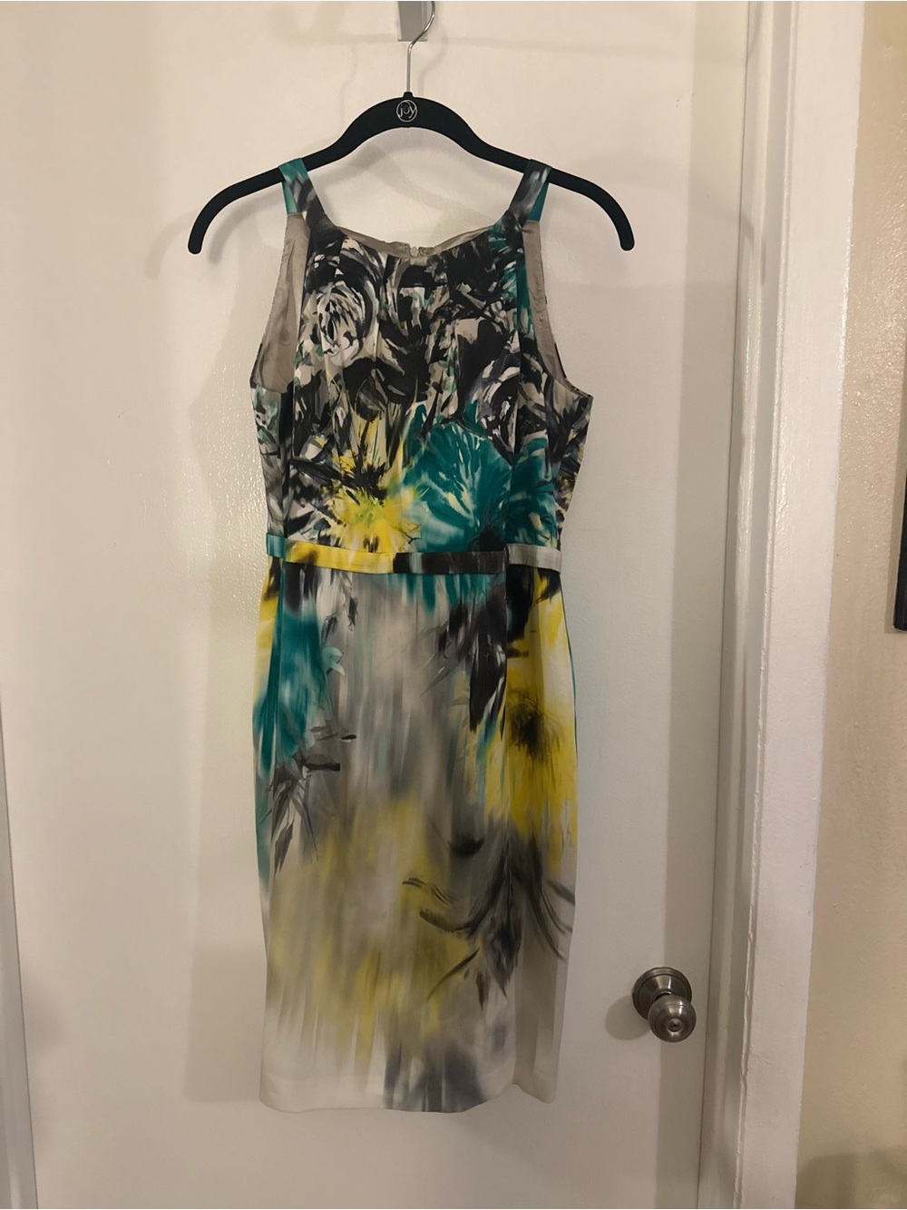 Elie Tahari Floral Sheath Dress Teal Yellow Gray Sleeveless Midi